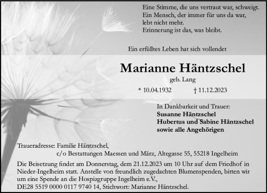 Traueranzeige von Marianne Häntzschel von Allgemeine Zeitung Bingen/Ingelheim