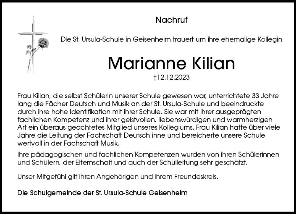  Traueranzeige für Marianne Kilian vom 23.12.2023 aus Rheingau Kurier