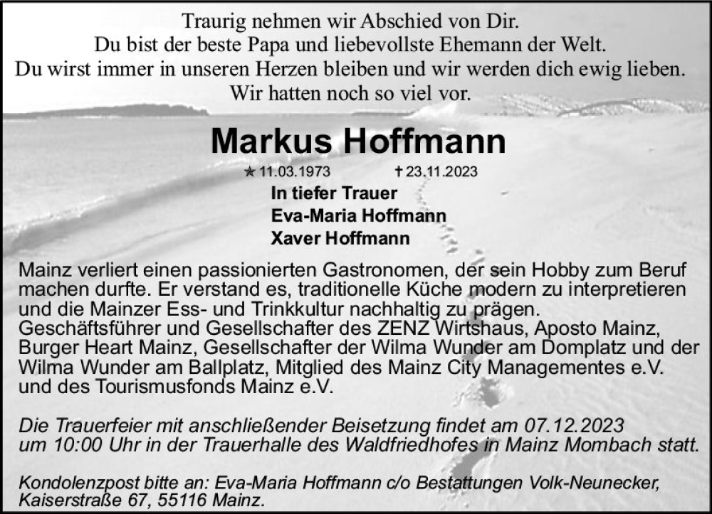  Traueranzeige für Markus Hoffmann vom 02.12.2023 aus Allgemeine Zeitung Mainz