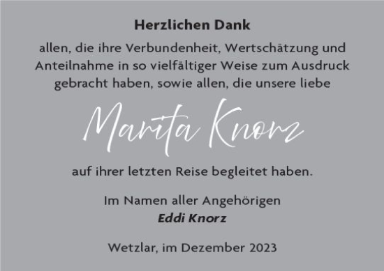 Traueranzeige von Marta Knorz von Wetzlarer Neue Zeitung