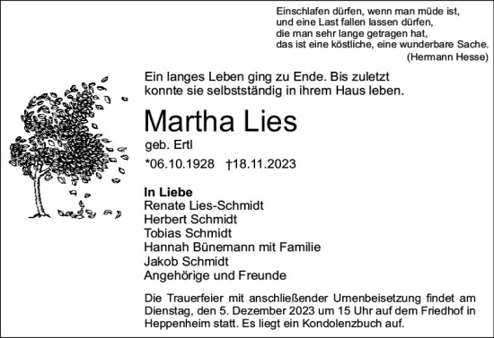Traueranzeige von Martha Lies von Starkenburger Echo