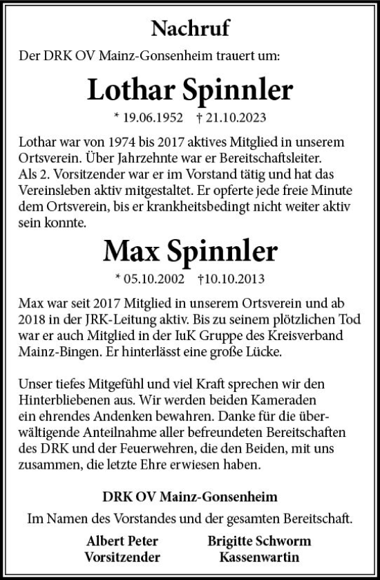 Traueranzeige von Max Spinnler von Allgemeine Zeitung Mainz