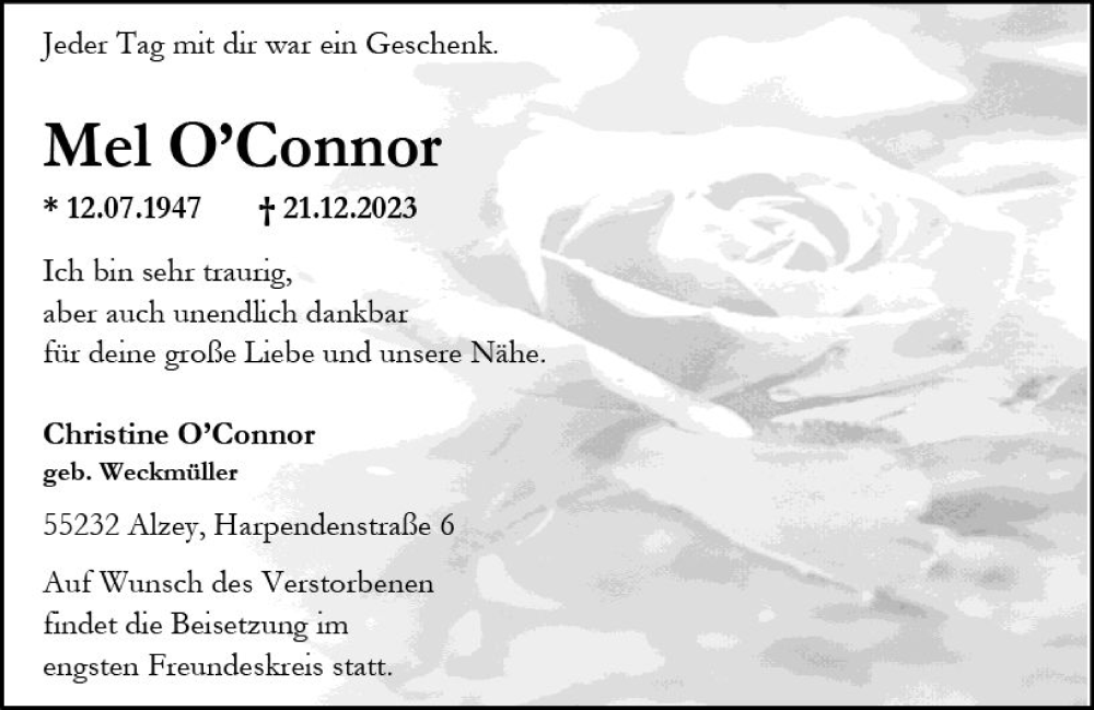  Traueranzeige für Mel OConnor vom 23.12.2023 aus Allgemeine Zeitung Alzey