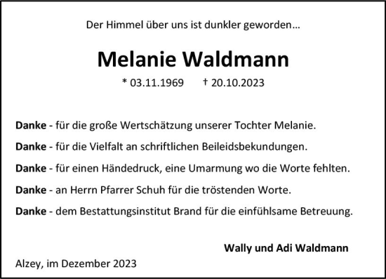 Traueranzeige von Melanie Waldmann von Allgemeine Zeitung Alzey