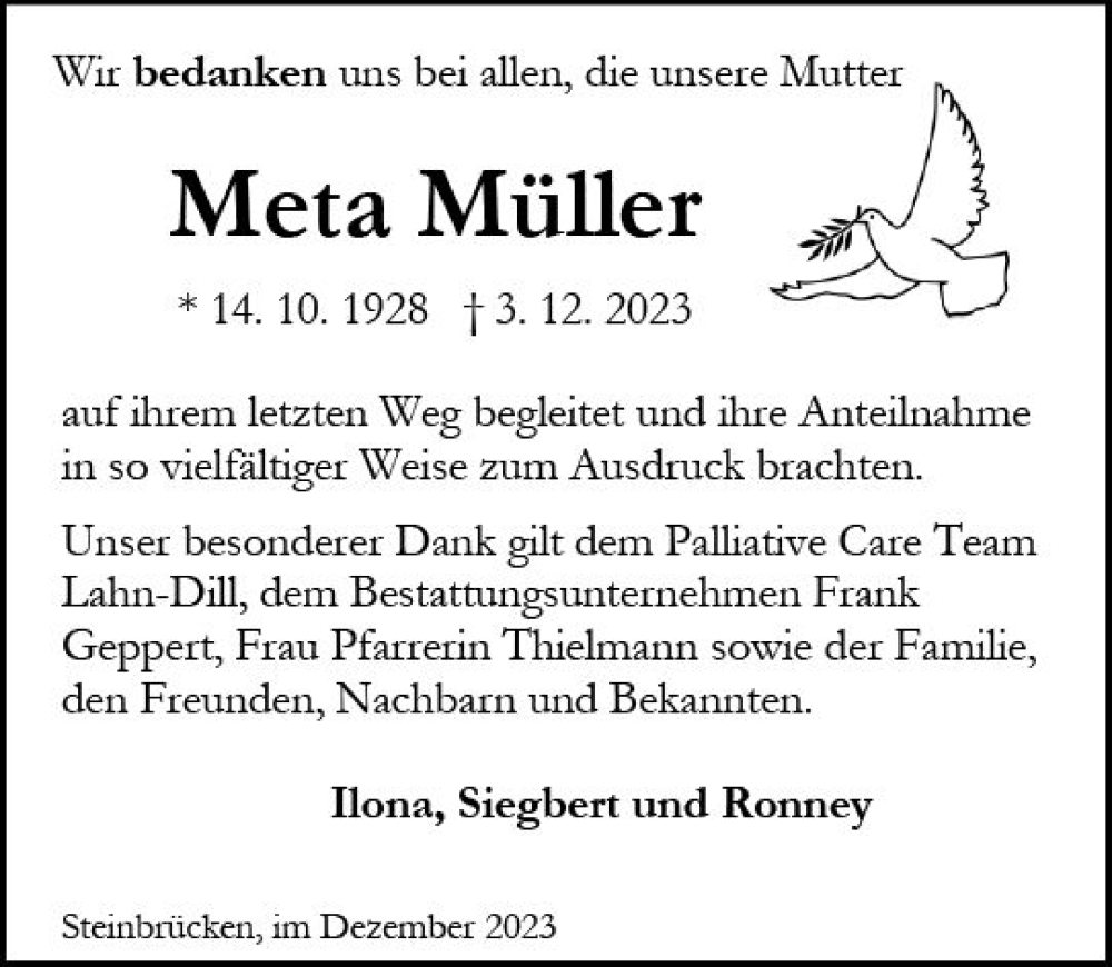  Traueranzeige für Meta Müller vom 23.12.2023 aus Dill Block