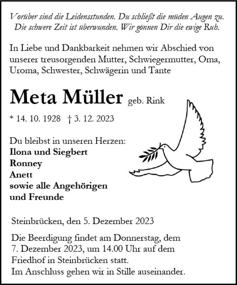  Traueranzeige für Meta Müller vom 05.12.2023 aus Dill Block