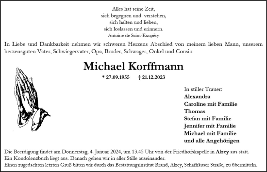 Traueranzeige von Michael Korffmann von Allgemeine Zeitung Alzey