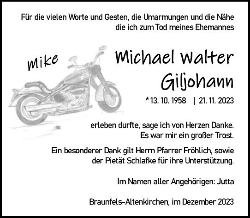 Traueranzeige für Michael Walter Giljohann vom 30.12.2023 aus Wetzlarer Neue Zeitung