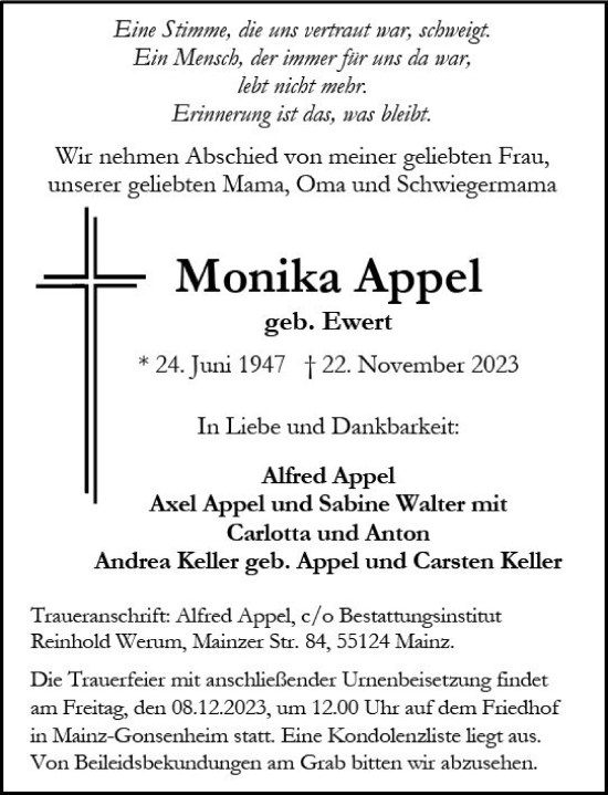 Traueranzeige von Monika Appel von Allgemeine Zeitung Mainz