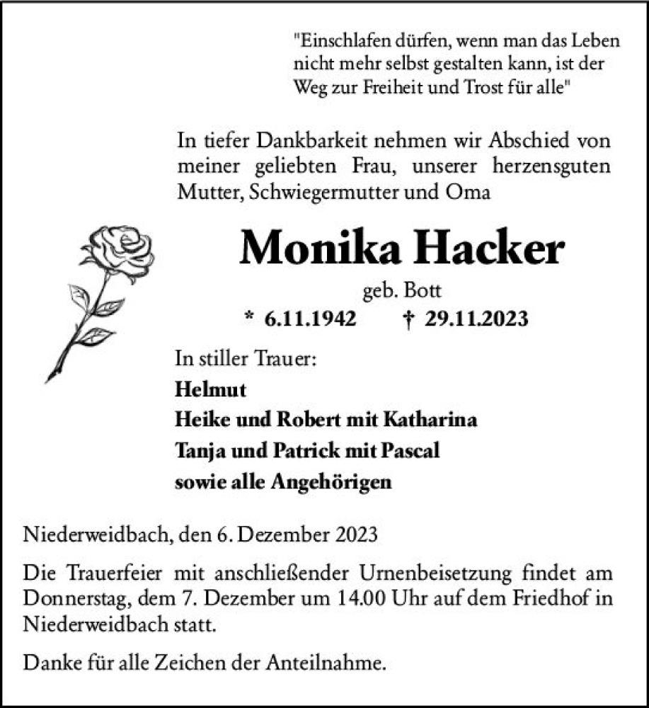  Traueranzeige für Monika Hacker vom 06.12.2023 aus Wetzlarer Neue Zeitung