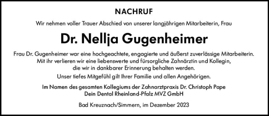 Traueranzeige von Nellja Gugenheimer von Allgemeine Zeitung Bad Kreuznach