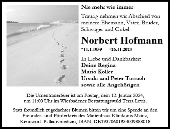 Traueranzeige von Norbert Hofmann von Wiesbadener Kurier