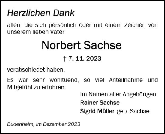 Traueranzeige von Norbert Sachse von Allgemeine Zeitung Mainz