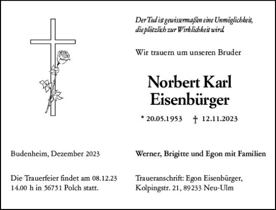 Traueranzeige von Norbert Karl Eisenbürger von Allgemeine Zeitung Mainz
