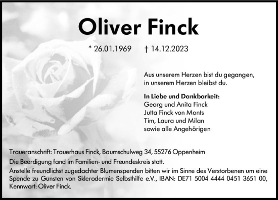 Traueranzeige von Oliver Finck von Allgemeine Zeitung Mainz