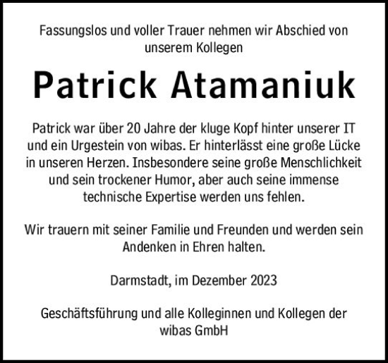 Traueranzeige von Patrick Atamaniuk von Allgemeine Zeitung Bad Kreuznach