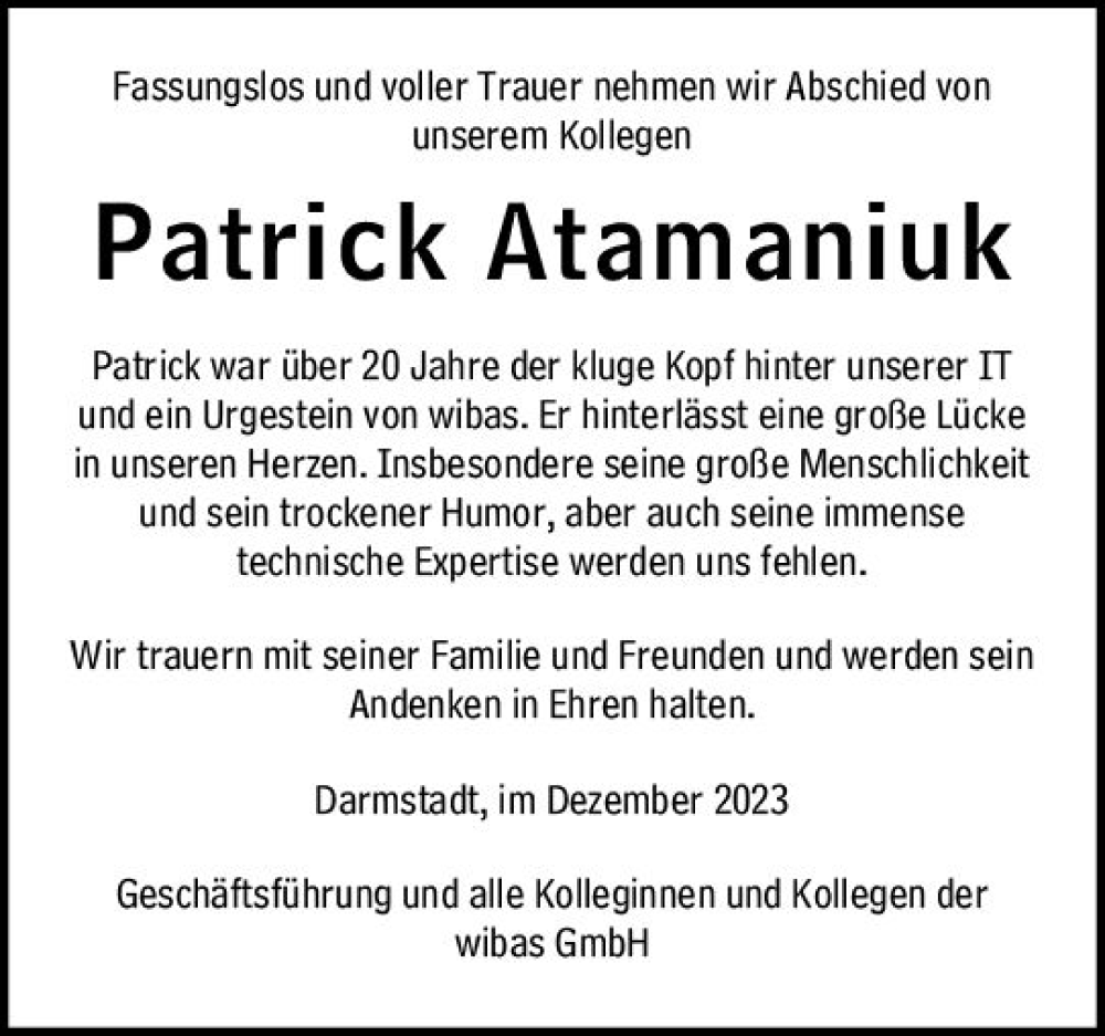  Traueranzeige für Patrick Atamaniuk vom 15.12.2023 aus Allgemeine Zeitung Bad Kreuznach
