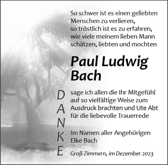 Traueranzeige von Paul Ludwig Bach von Dieburger Anzeiger/Groß-Zimmerner Lokal-Anzeiger