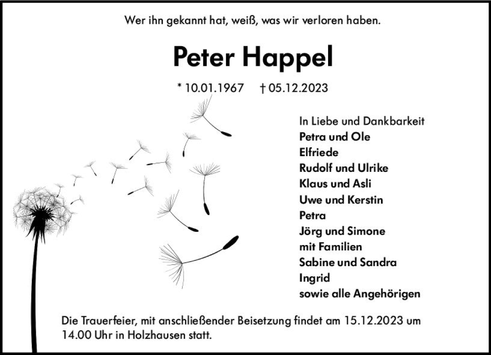  Traueranzeige für Peter Happel vom 12.12.2023 aus Hinterländer Anzeiger