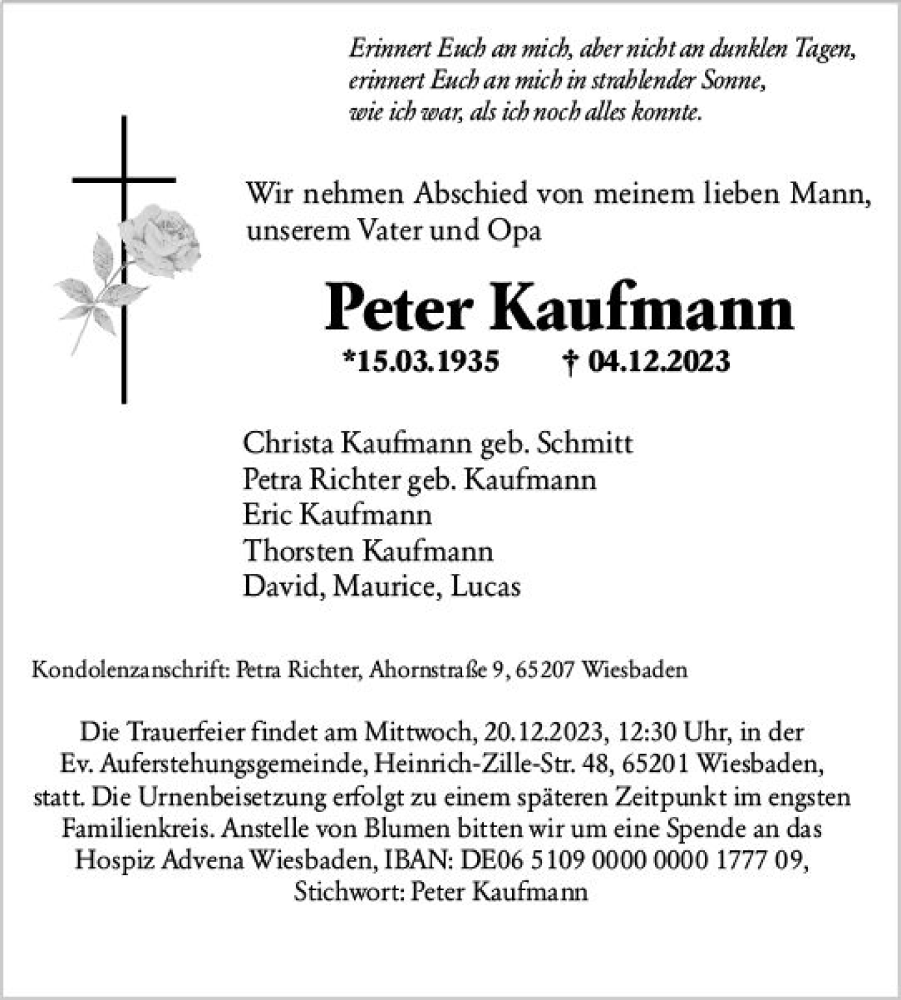  Traueranzeige für Peter Kaufmann vom 09.12.2023 aus Wiesbadener Kurier