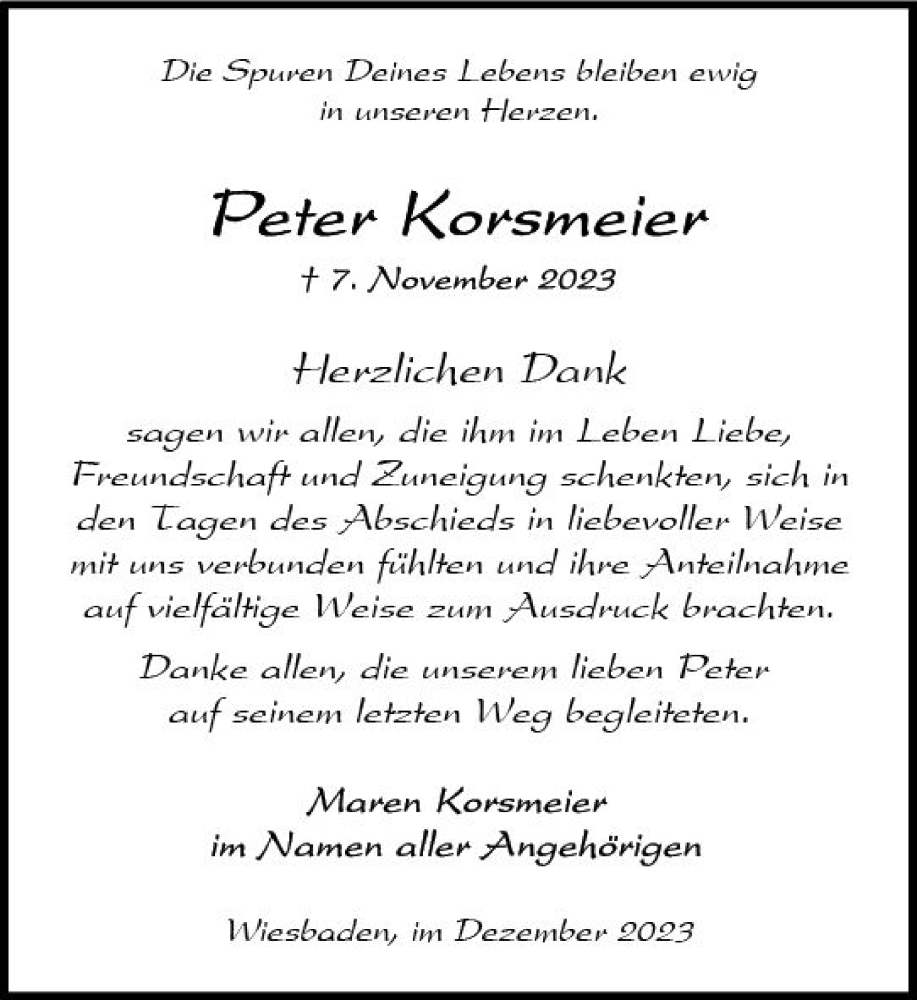 Traueranzeige für Peter Korsmeier vom 02.12.2023 aus Wiesbadener Kurier