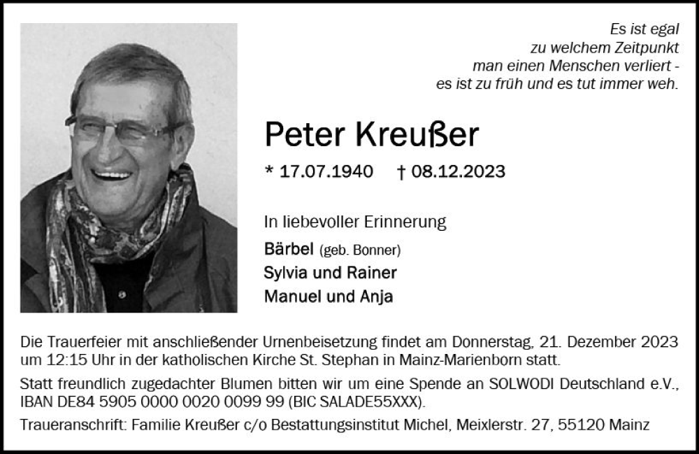  Traueranzeige für Peter Kreußer vom 16.12.2023 aus Allgemeine Zeitung Mainz