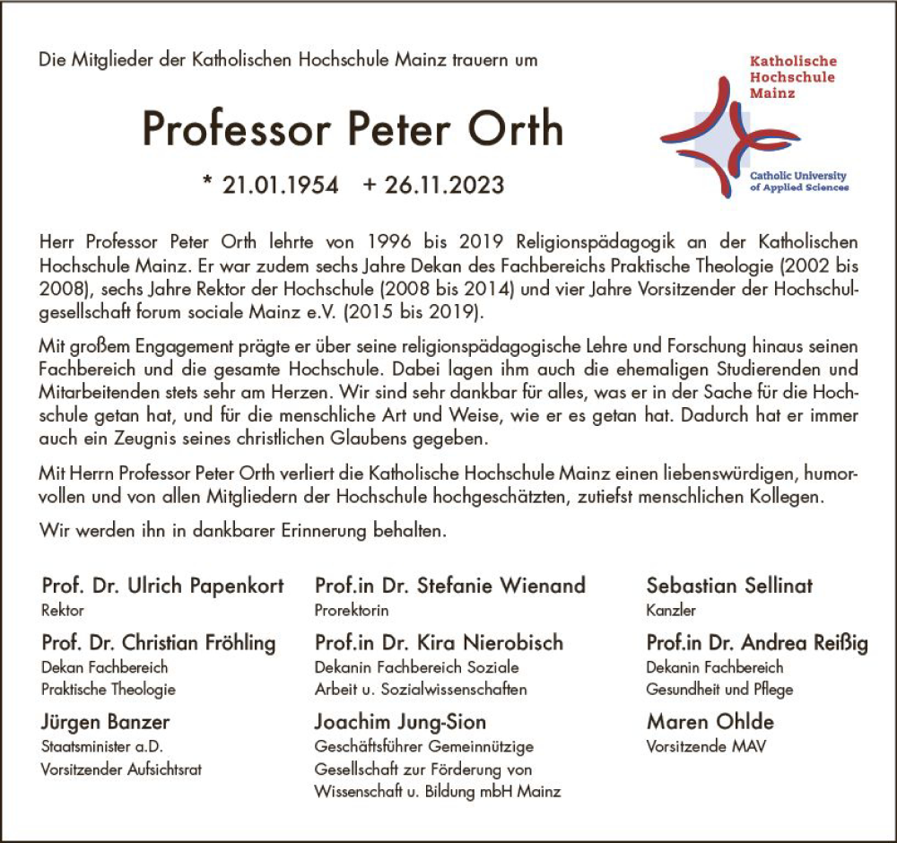  Traueranzeige für Peter Orth vom 02.12.2023 aus Allgemeine Zeitung Mainz