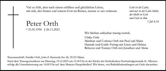 Traueranzeige von Peter Orth von Allgemeine Zeitung Mainz