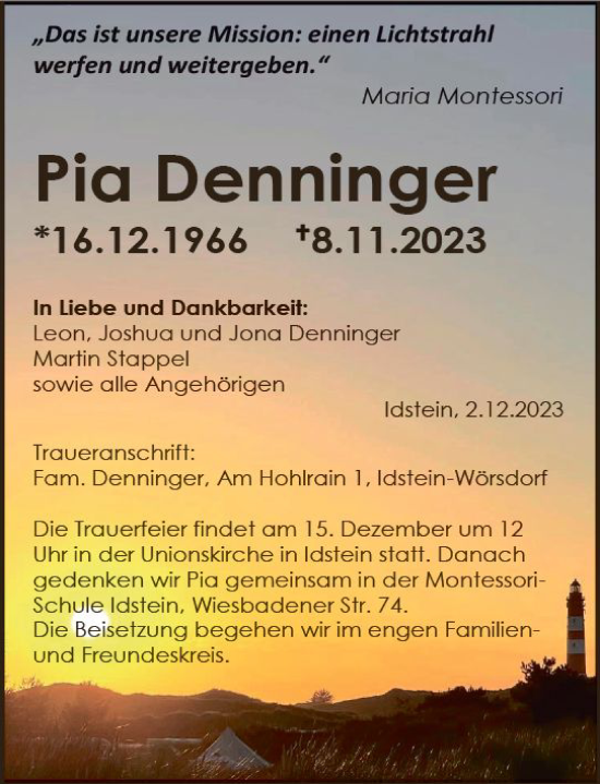 Traueranzeige von Pia Denninger von Idsteiner Land/Untertaunus