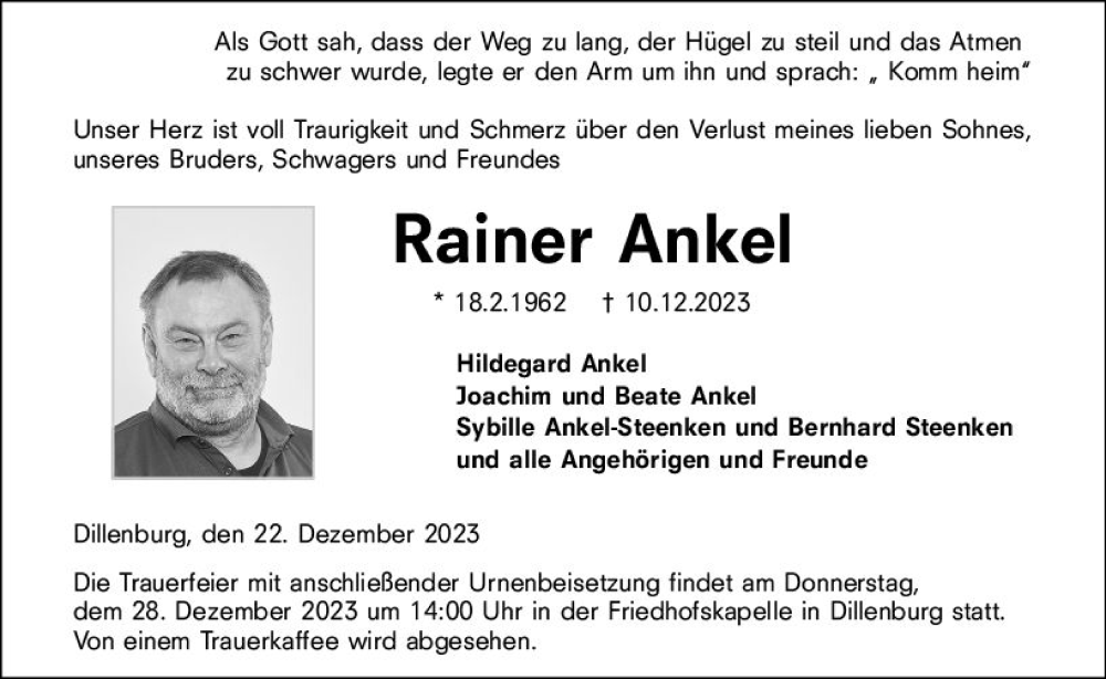  Traueranzeige für Rainer Ankel vom 22.12.2023 aus Dill Block