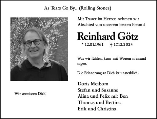 Traueranzeige von Reinhard Götz von Wiesbadener Kurier