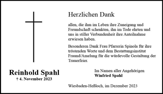 Traueranzeige von Reinhold Spahl von Wiesbadener Kurier