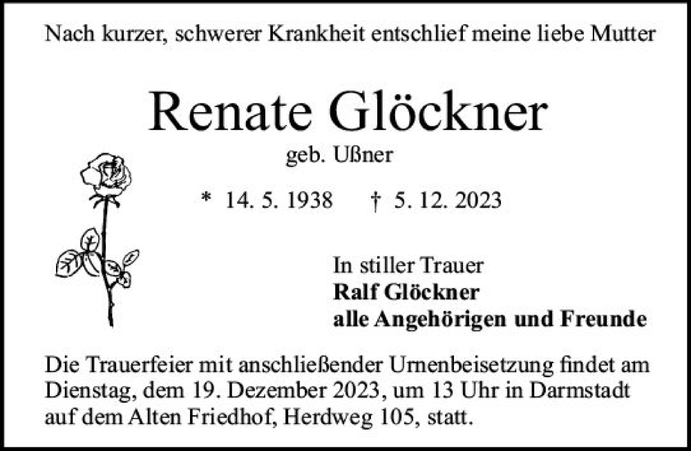  Traueranzeige für Renate Glöckner vom 09.12.2023 aus Darmstädter Echo