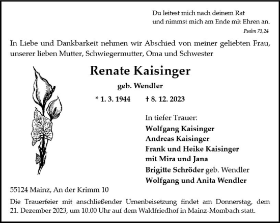 Traueranzeige von Renate Kaisinger von Allgemeine Zeitung Mainz