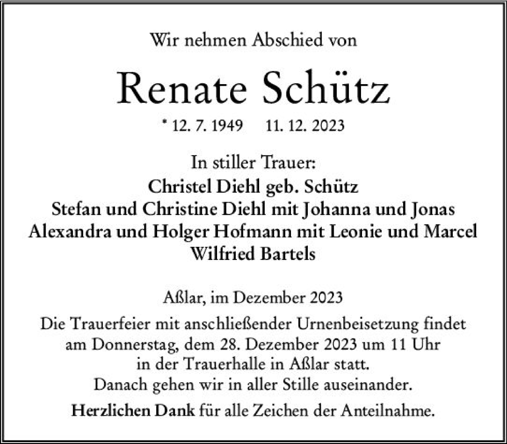  Traueranzeige für Renate Schütz vom 23.12.2023 aus Wetzlarer Neue Zeitung