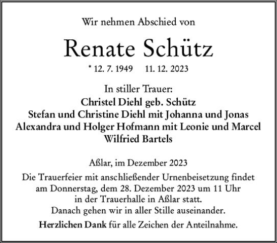 Traueranzeige von Renate Schütz von Wetzlarer Neue Zeitung