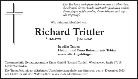Traueranzeige von Richard Trittler von Wiesbadener Kurier