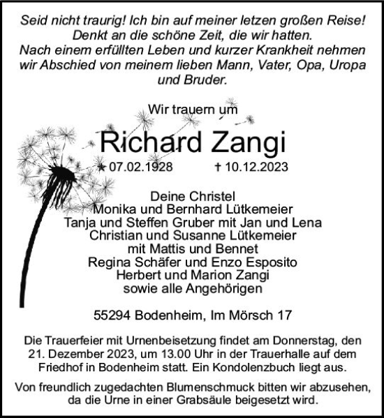 Traueranzeige von Richard Zangi von Allgemeine Zeitung Mainz