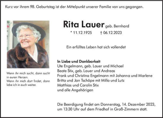 Traueranzeige von Rita Lauer von Dieburger Anzeiger/Groß-Zimmerner Lokal-Anzeiger