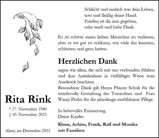 Traueranzeige von Rita Rink von Allgemeine Zeitung Alzey