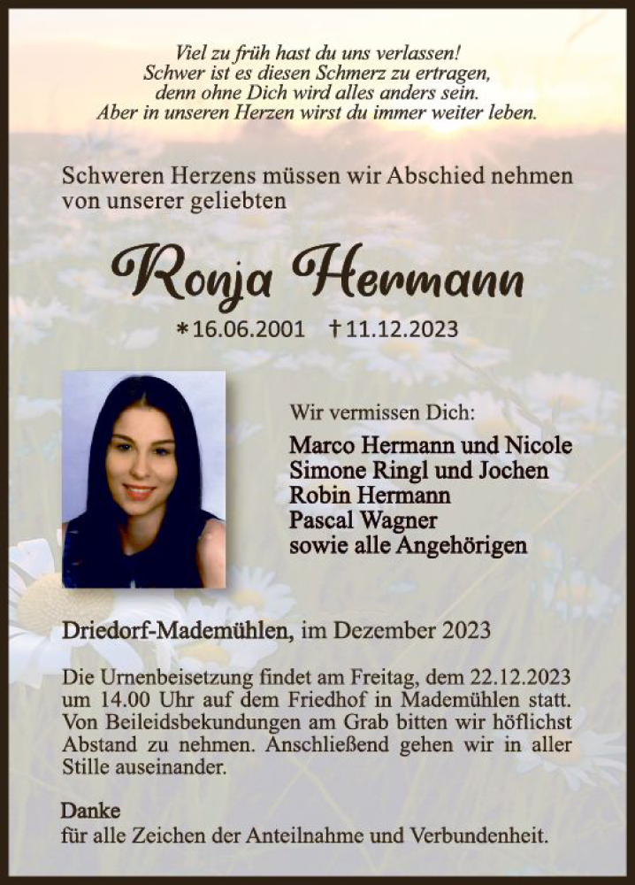  Traueranzeige für Ronja Hermann vom 19.12.2023 aus Dill Block