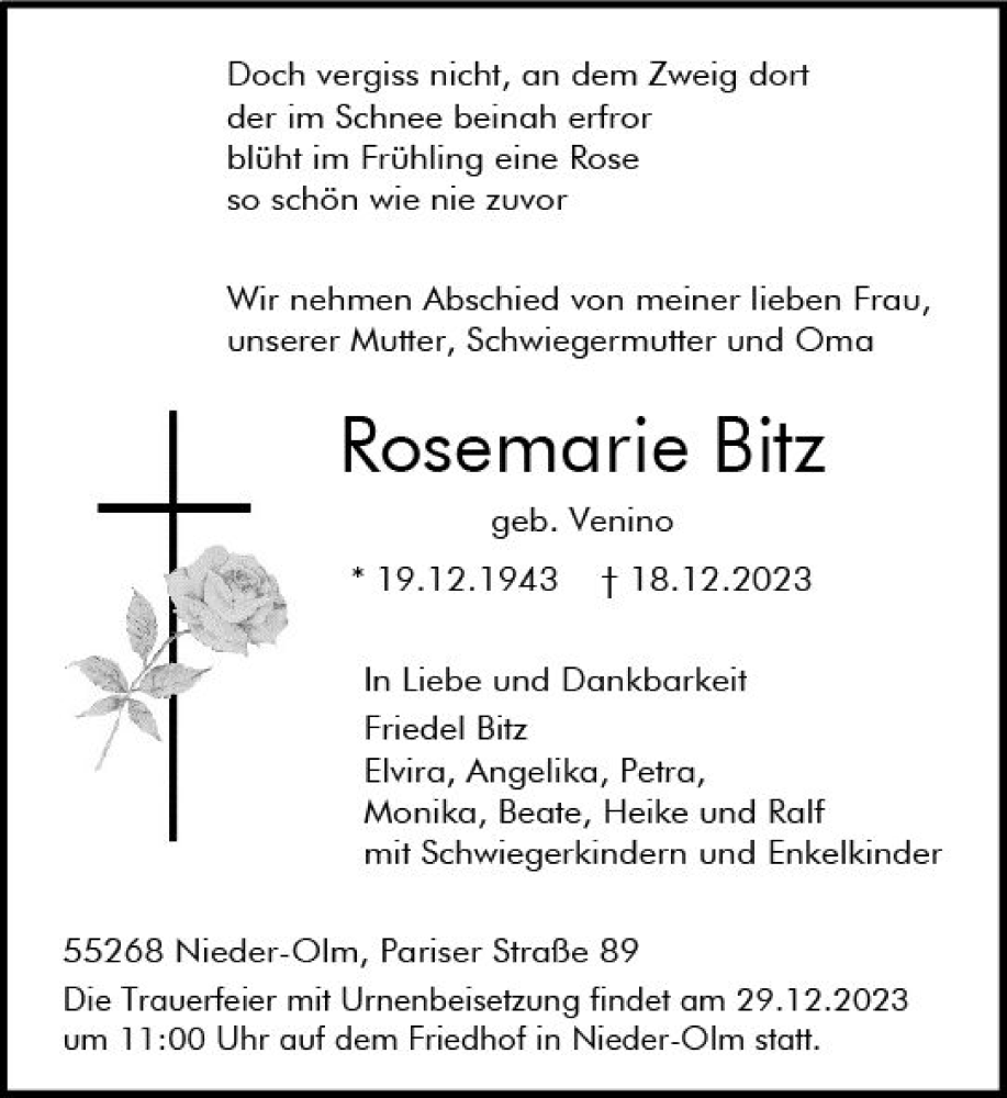  Traueranzeige für Rosemarie Bitz vom 23.12.2023 aus Allgemeine Zeitung Mainz