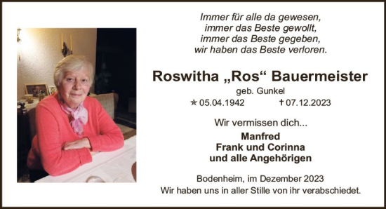 Traueranzeige von Roswitha Bauermeister von Allgemeine Zeitung Mainz