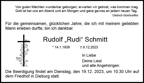 Traueranzeige von Rudolf Schmitt von Dieburger Anzeiger/Groß-Zimmerner Lokal-Anzeiger