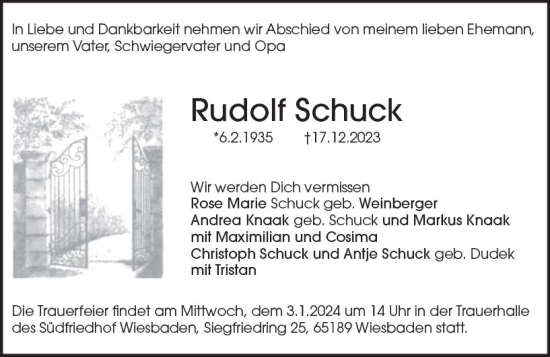 Traueranzeige von Rudolf Schuck von Wiesbadener Kurier