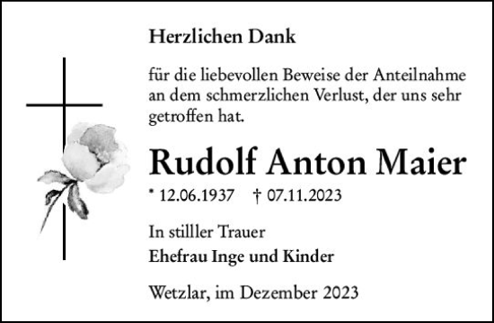Traueranzeige von Rudolf Anton Maier von Wetzlarer Neue Zeitung