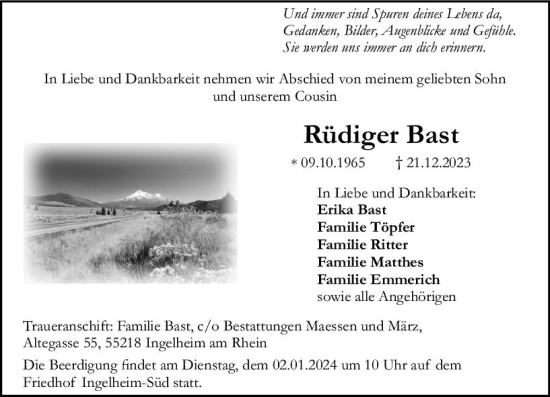 Traueranzeige von Rüdiger Bast von Allgemeine Zeitung Bingen/Ingelheim