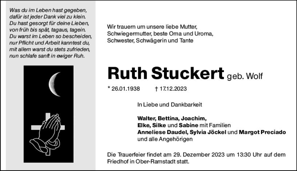 Traueranzeige für Ruth Stuckert vom 23.12.2023 aus Darmstädter Echo