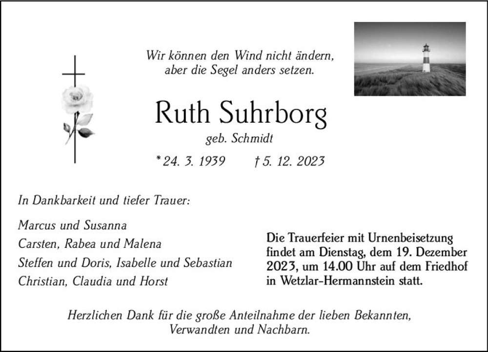  Traueranzeige für Ruth Suhrborg vom 16.12.2023 aus Wetzlarer Neue Zeitung