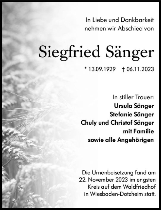 Traueranzeige von Siegfried Sänger von Wiesbadener Kurier